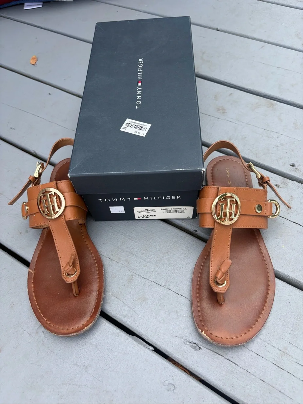 Tommy Hilfiger Tan Leather T-Strap Sandals with Gold Logo